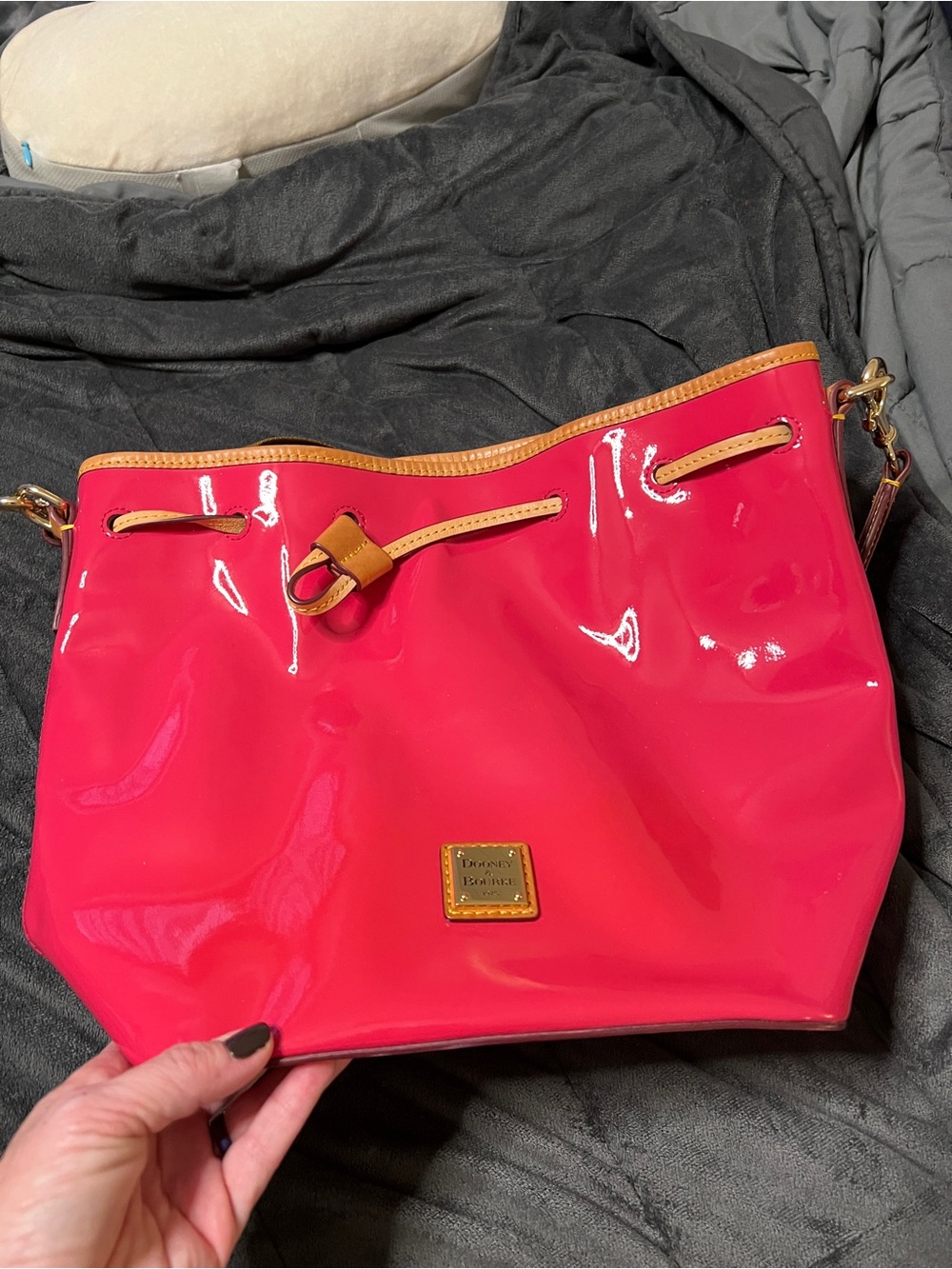 Dooney & Bourke Hot Pink Patent Leather Drawstring Shoulder Bag with Tan Trim